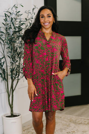 Lizzy Long Sleeve Dress in Pink and Olive Abstract Floral by Dear Scarlett