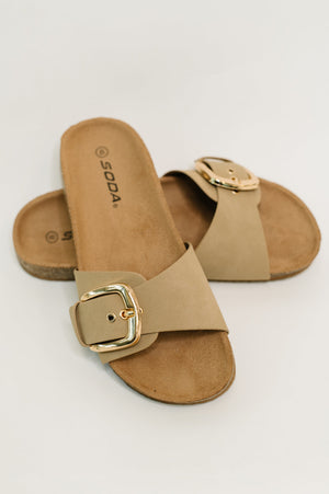 Lizzy Slip on Buckle Strap Sandal in Taupe