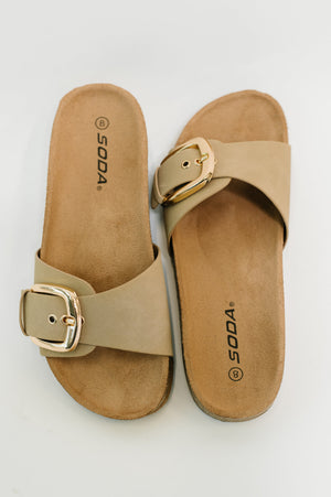 Lizzy Slip on Buckle Strap Sandal in Taupe