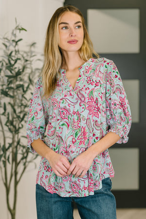 Lizzy Smock Top in Mint and Pink Floral Paisley by Dear Scarlett