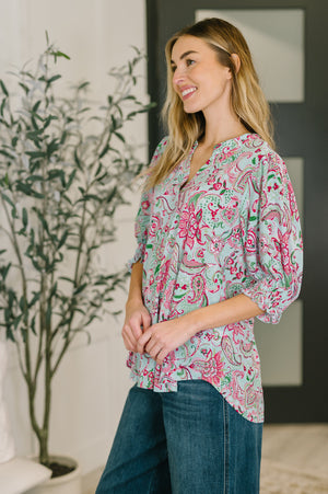 Lizzy Smock Top in Mint and Pink Floral Paisley by Dear Scarlett