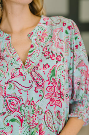 Lizzy Smock Top in Mint and Pink Floral Paisley by Dear Scarlett