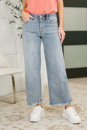 Judy Blue Mid Rise Ankle Wide Leg Hollywood Waistband Fray Hem Jeans