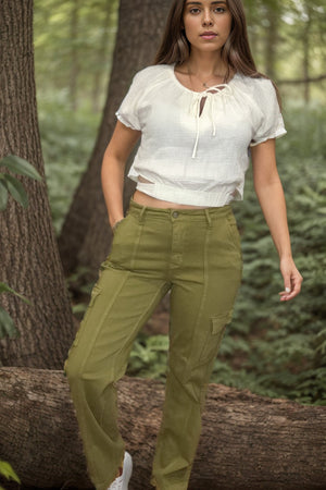 Judy Blue High Waist Garment Dyed Non Distressed Cargo Jeans in Matcha