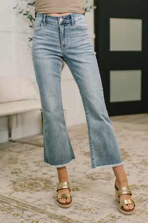 Judy Blue Mid Rise Cropped Kick Flare Jeans with Frayed Hem