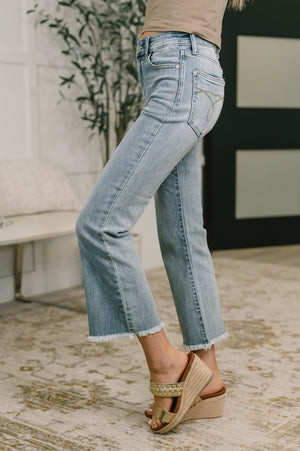 Judy Blue Mid Rise Cropped Kick Flare Jeans with Frayed Hem
