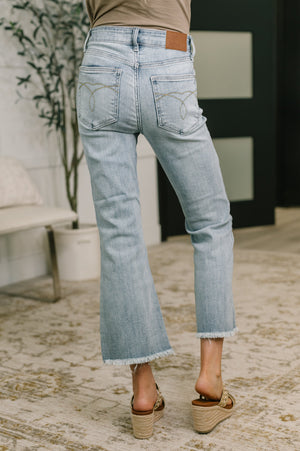 Judy Blue Mid Rise Cropped Kick Flare Jeans with Frayed Hem