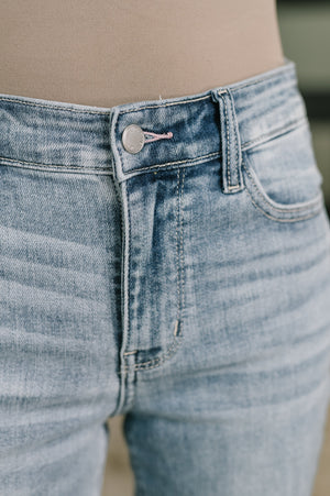 Judy Blue Mid Rise Cropped Kick Flare Jeans with Frayed Hem