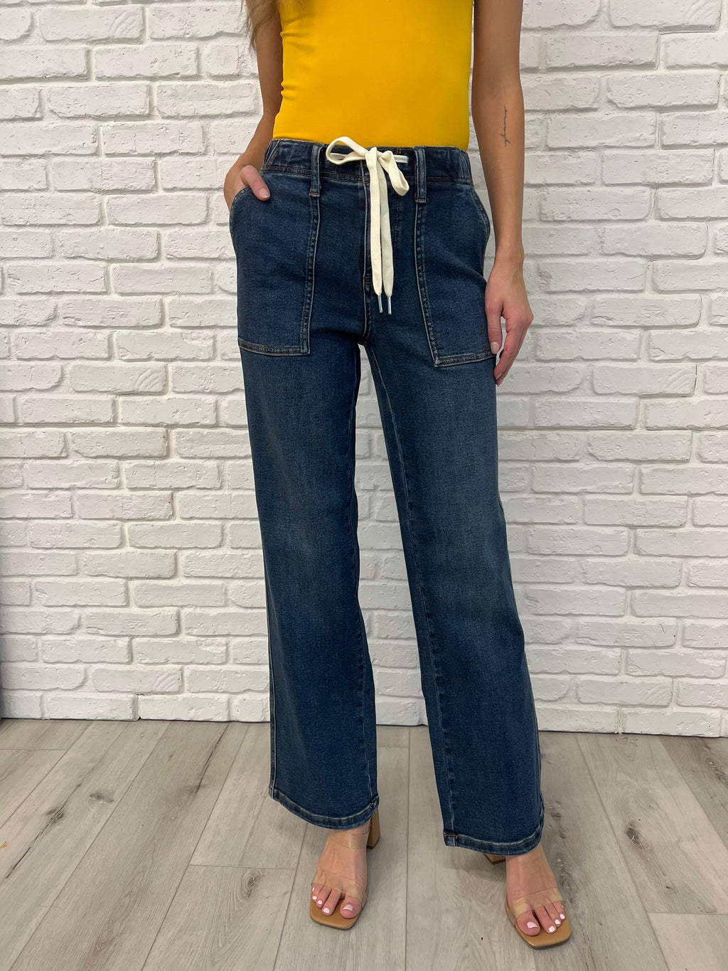 Judy Blue High Waist Elastic with Drawstring Wide Leg Dark Wash Jeans