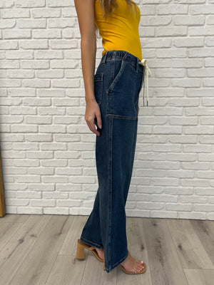 Judy Blue High Waist Elastic with Drawstring Wide Leg Dark Wash Jeans