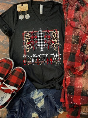 Merry Christmas V Neck Graphic Tee - Buffalo Plaid - Leopard