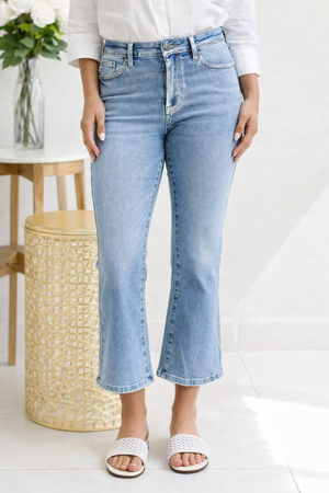 Judy Blue Mid Rise Metallic Foiled Seam Kick Flare Denim Jeans
