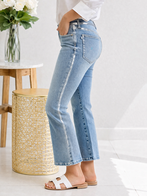 Judy Blue Mid Rise Metallic Foiled Seam Kick Flare Denim Jeans