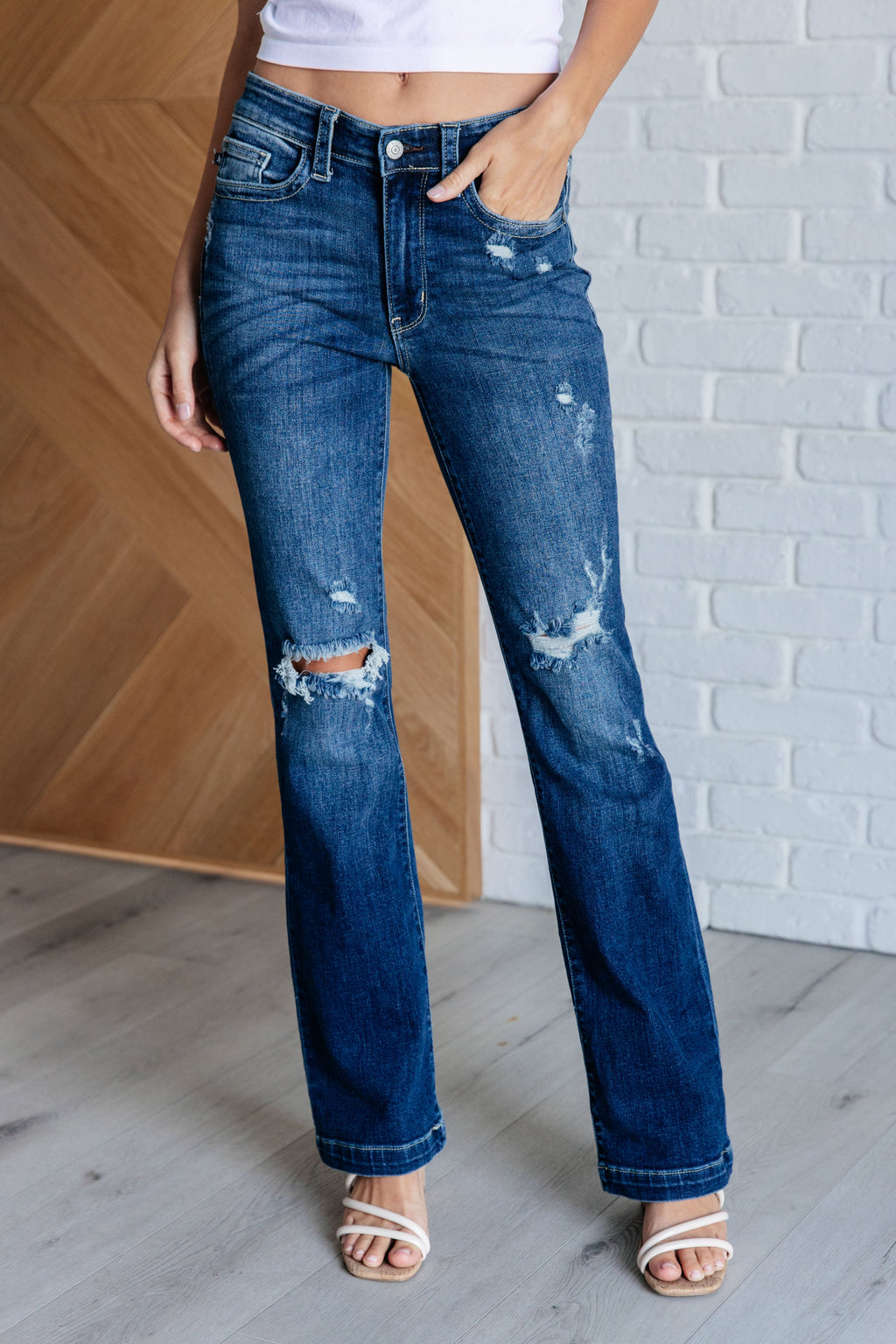 Judy Blue Mid Rise Hand Sand Distressed Bootcut Jeans