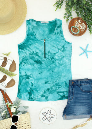 Mila Zipper Tank - Teal Tie Dye by Michelle Mae