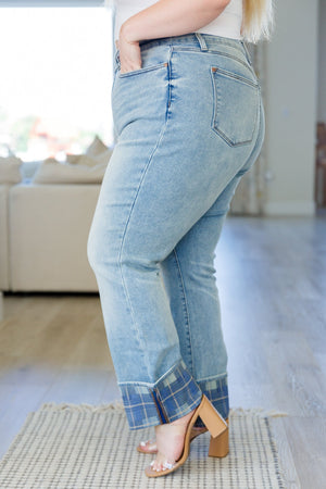 Judy Blue High Waist Vintage Plaid Cuffed Straight Leg Jeans