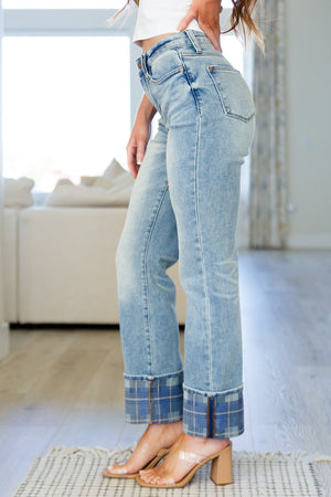 Judy Blue High Waist Vintage Plaid Cuffed Straight Leg Jeans