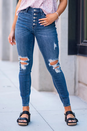 Judy Blue High Waist Button Fly Distressed Skinny Jean