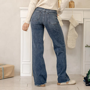 Judy Blue Mid Rise Wide Leg Raw Fray Hem Jeans