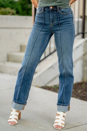 Judy Blue High Waist Front Seam Detail Cuffed Straight Leg Jeans