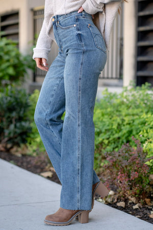 Judy Blue High Waist Tummy Control Cut Raw Hem Straight Leg Jeans (Tall 33" Inseam)