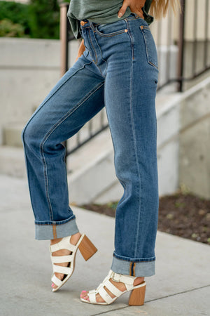 Judy Blue High Waist Front Seam Detail Cuffed Straight Leg Jeans