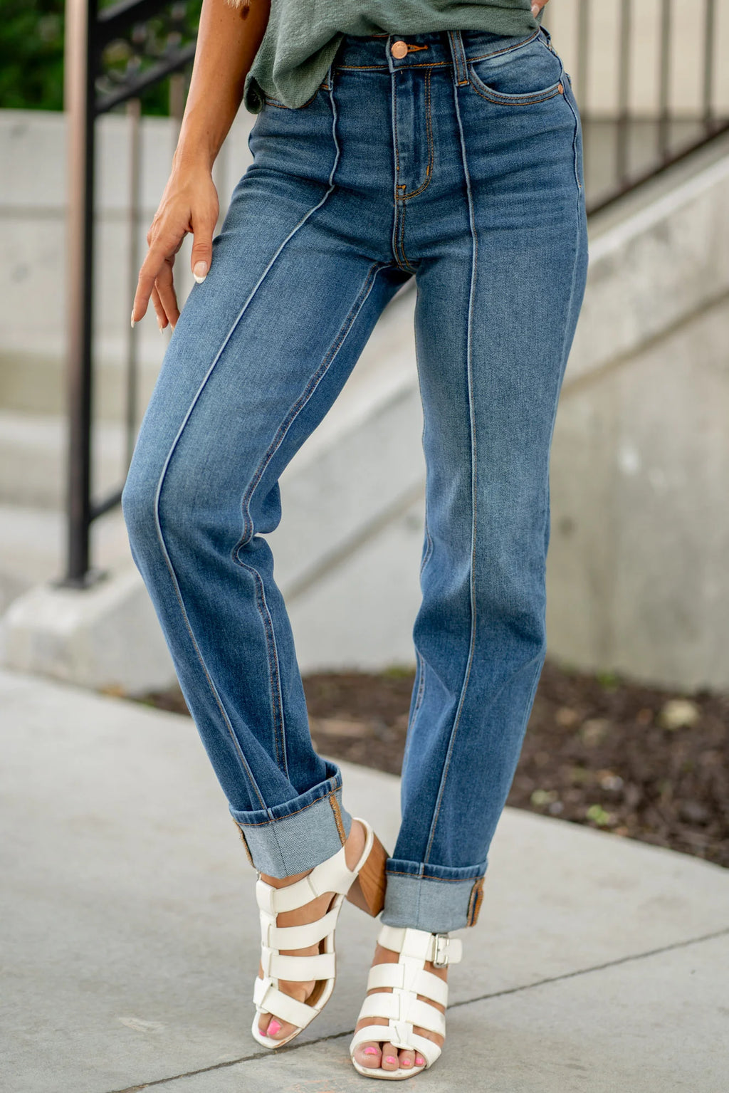 Judy Blue High Waist Front Seam Detail Cuffed Straight Leg Jeans