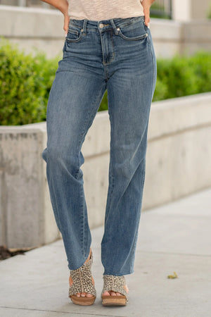 Judy Blue Mid Rise Tummy Control Vintage Raw Hem Straight Leg Jeans