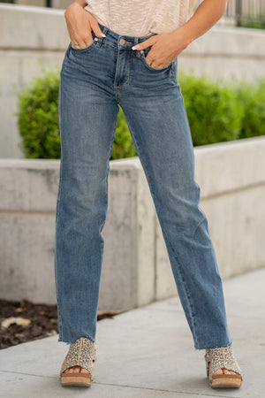 Judy Blue Mid Rise Tummy Control Vintage Raw Hem Straight Leg Jeans