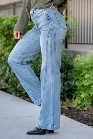 Judy Blue High Waist Side Seam Detail Wide Leg Retro Jeans