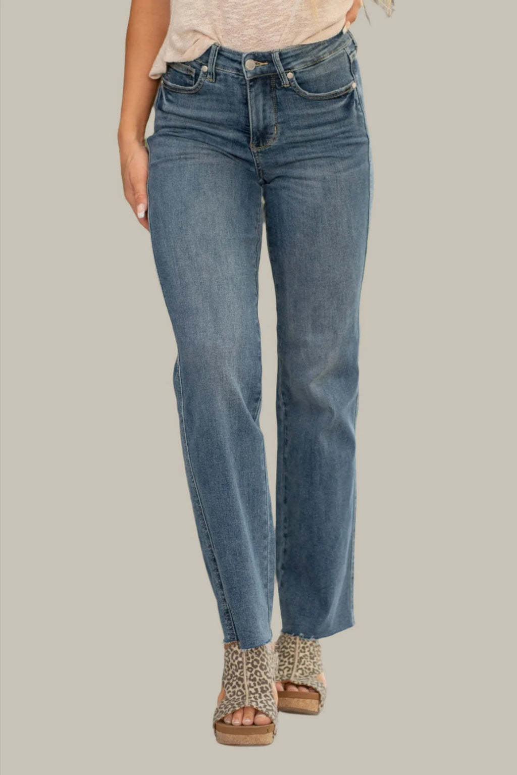 Judy Blue Mid Rise Tummy Control Vintage Raw Hem Straight Leg Jeans