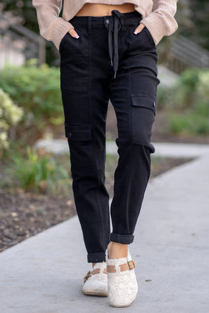 Judy Blue High Waist Cargo Cuffed Drawstring Denim Joggers in Black