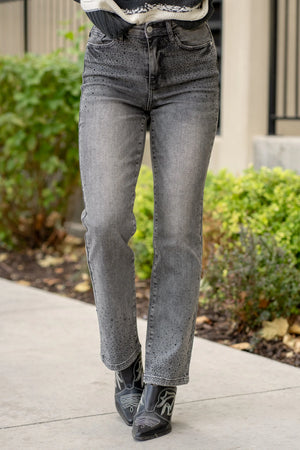 Judy Blue High Waist Starlight Glam Rhinestone Gray Straight Leg Jeans