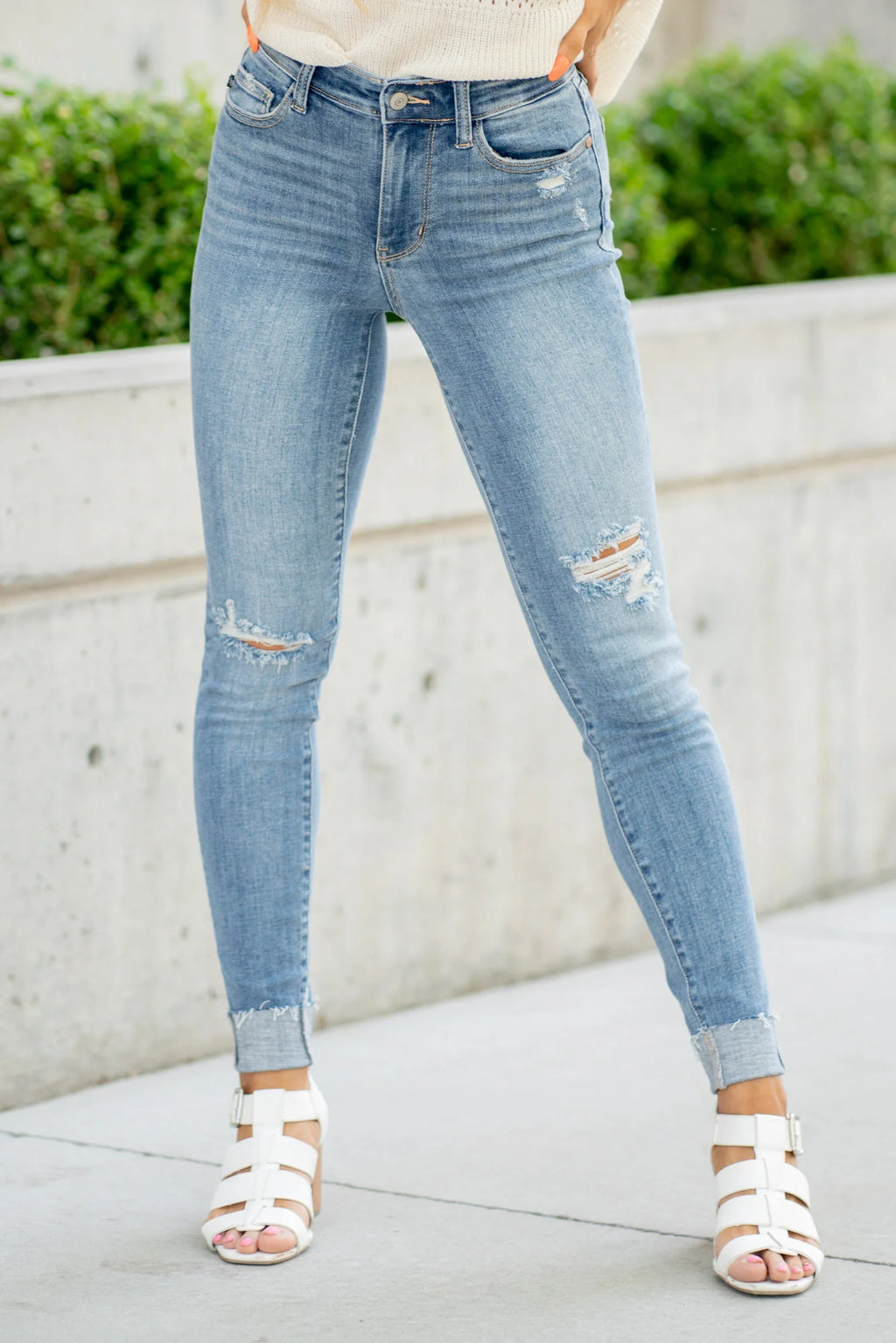 Judy Blue Mid Rise Destroy & Cuff Skinny Jeans