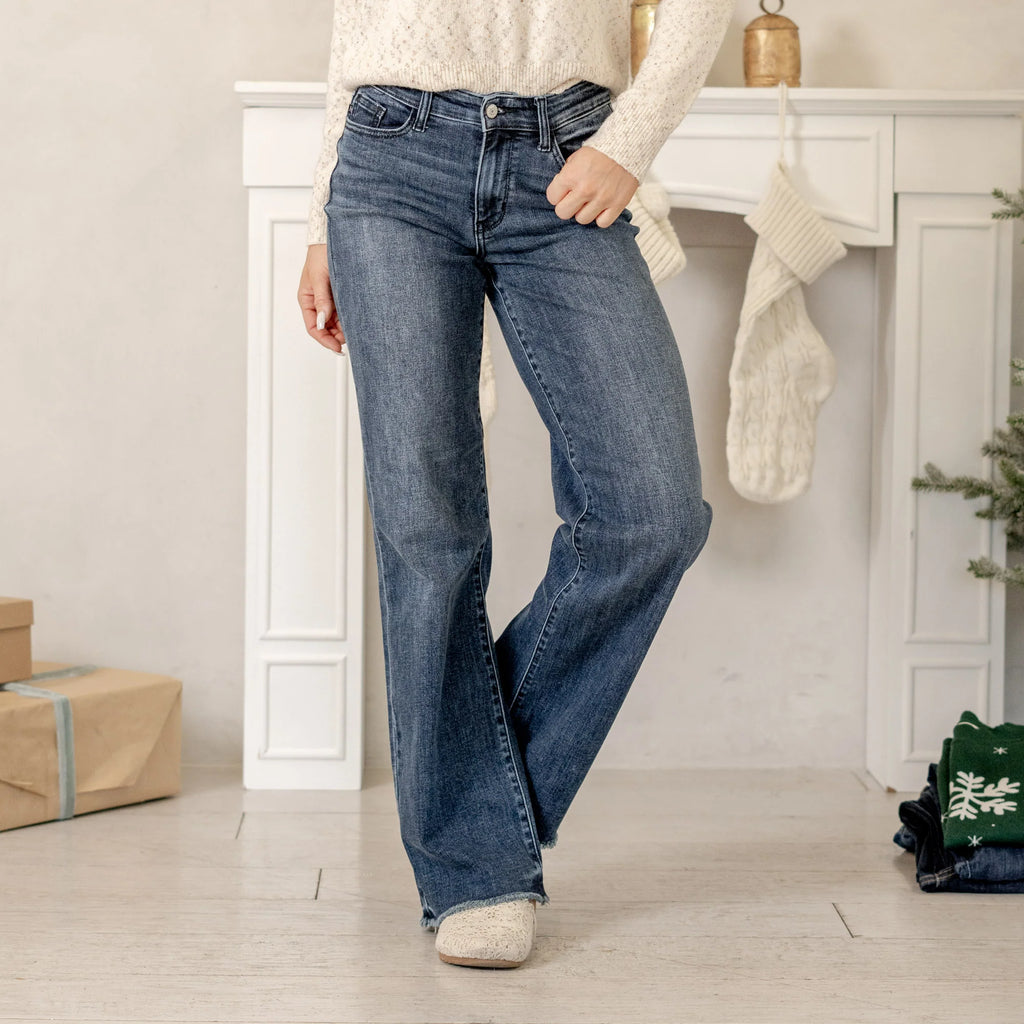 Judy Blue Mid Rise Wide Leg Raw Fray Hem Jeans