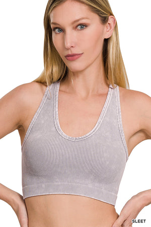 Ribbed Cropped Racerback Mineral Washed Tank Top Brami bralette by Zenana - 29 colors