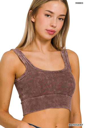 Ribbed Square Neck Mineral Washed Bralette Crop Top with pads by Zenana 6135