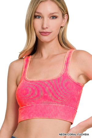 Ribbed Square Neck Mineral Washed Bralette Crop Top with pads by Zenana - 13 colors