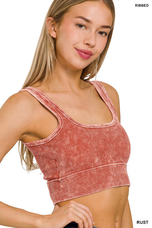 Ribbed Square Neck Mineral Washed Bralette Crop Top with pads by Zenana - 16 colors