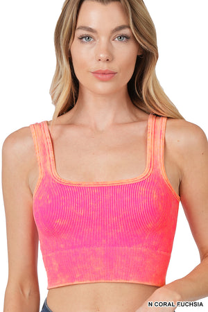 Ribbed Square Neck Mineral Washed Bralette Crop Top by Zenana - 20 colors