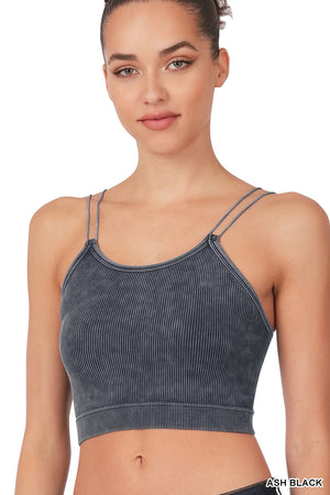 Ribbed Double Strap Mineral Washed Bralette Crop Top by Zenana - 11 colors