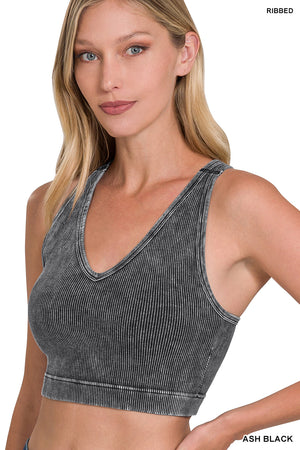 Ribbed Padded Cropped Racerback Mineral Washed Tank Top Brami bralette by Zenana - 15 colors