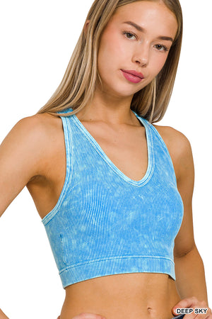 Ribbed Padded Cropped Racerback Mineral Washed Tank Top Brami bralette by Zenana - 15 colors