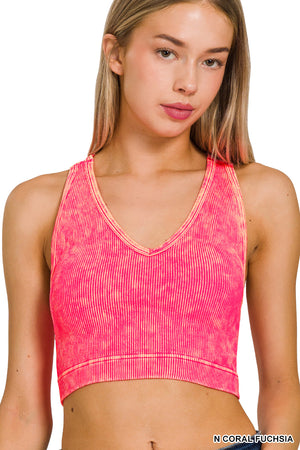 Ribbed Padded Cropped Racerback Mineral Washed Tank Top Brami bralette by Zenana - 15 colors