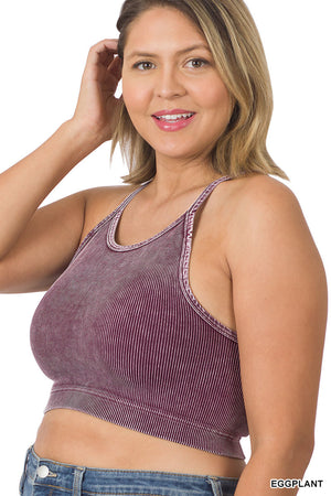 Curvy Mineral Washed Ribbed Cropped Racerback Tank Top bralette Brami by Zenana