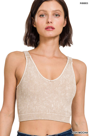 Zenana Ribbed Cropped Mineral Washed V Neck PADDED Tank Top Brami Bralette 6175
