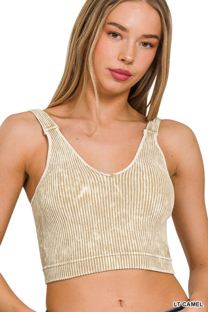 Zenana Ribbed Cropped Mineral Washed V Neck PADDED Tank Top Brami Bralette 6175