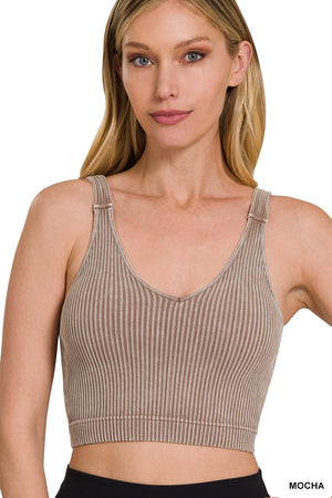 Zenana Ribbed Cropped Mineral Washed V Neck PADDED Tank Top Brami Bralette 6175