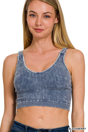 Ribbed Cropped Mineral Washed V neck Tank Top Brami bralette by Zenana - 16 colors