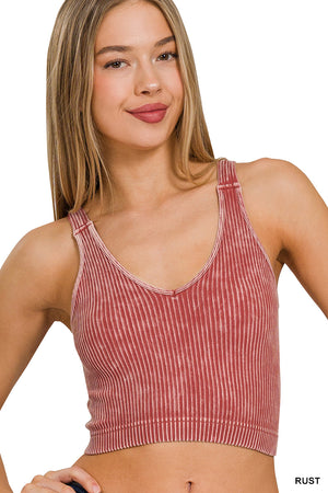 Ribbed Cropped Mineral Washed V neck Tank Top Brami bralette by Zenana - 16 colors